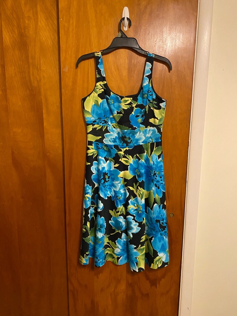 Donna Ricco Black Sleeveless Flare Dress with Blue & Green Floral Accents